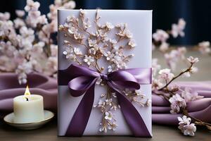 Wedding invitation card mockup with flowers. Blank card mockup on beige background. Generative AI photo