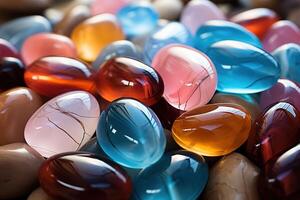 Pastel coloured translucent glass water stones overlapping. Beach summer background. photo