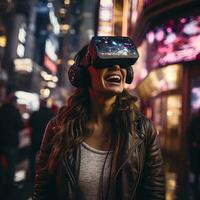 ilustración de un persona vistiendo un virtual realidad vr auriculares, ai generado. foto