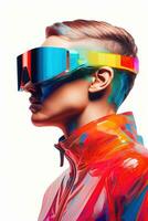 Illustration of a fashion portrait wearing a virtual reality VR headset. AI Generated. photo