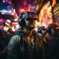 ilustración de un persona vistiendo un virtual realidad vr auriculares, ai generado. foto