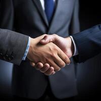 Business shaking hands, finishing up meeting. Successful businessmen handshaking after good deal. Congratulation, merger and acquisition concepts, panoramic banner. Generative AI photo