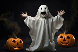 Happy Halloween, Cute little kid in ghost costume on isolated background. Generative AI photo