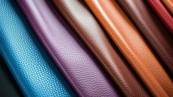 Close up multicolor of leathers background. folded leathers texture. Faux leather fabric, leatherette fabric for clothing. Generative AI photo