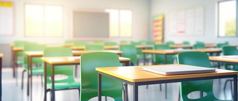School classroom in blur background without young student. Blurry view of elementary class room no kid or teacher with chairs and tables in campus. Back to school concept. photo