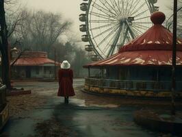 Nighttime abandoned amusement park with sanatorium, ferris wheel, and foggy park. Background concept for Halloween. Generative AI photo