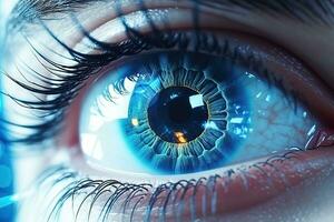 Perfect blue eye macro in a sterile environment and perfect vision in high resolution. The vision of the future and healthy life concept. Generative AI photo