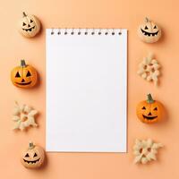 Blank paper sheet with Halloween decorations on pastel background. Greeting card, invitation mockup. Place for inscription. Pumpkin. Modern Minimal business template. top view. Generative AI photo