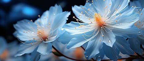 cerca arriba de azul flores con gotas de agua en oscuro antecedentes. hermosa macro foto. vistoso flores generativo ai foto