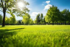 Blurred background of spring nature with a nicely trimmed lawn against a blue sky and clouds on a bright sunny day. Generative AI photo