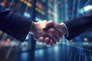 Business shaking hands, finishing up meeting. Successful businessmen handshaking after good deal. Congratulation, merger and acquisition concepts, panoramic banner. Generative AI photo