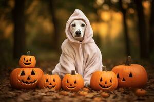 perro vistiendo un fantasma disfraz sentado Entre calabazas para Víspera de Todos los Santos en otoño antecedentes. generativo ai foto