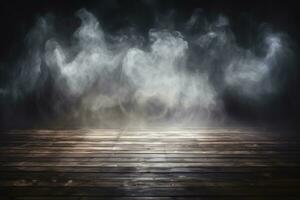 Defocused background of fog in darkness, smoke, and mist on a wooden floor. Abstract and moody Halloween backdrop. Generative AI photo