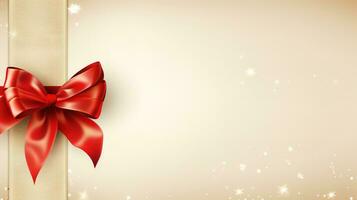 Holiday beige background with gift, red satin bow, ribbon with Copy space. Generative AI photo