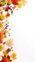 Autumn composition. Rowan berries, dried leaves, pumpkins, and flowers on white background. Autumn, fall, halloween, thanksgiving day concept. View from the top, with text space. Generative AI photo