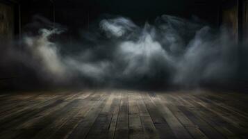 Defocused background of fog in darkness, smoke, and mist on a wooden floor. Abstract and moody Halloween backdrop. Generative AI photo