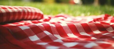 rojo y blanco tartán picnic cobija en parte superior de un verde campo en soleado día en césped de césped en verano parque. borroso antecedentes. generativo ai foto