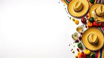 Celebrate Cinco de Mayo with this fun and festive top vertical view of a sombrero, poncho, and maracas, plus tequila shots, lime wedges, chili peppers on white background with copyspace. Generative AI photo