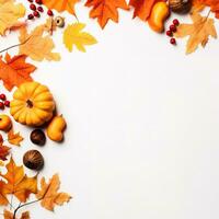 Autumn composition. Rowan berries, dried leaves, pumpkins, and flowers on white background. Autumn, fall, halloween, thanksgiving day concept. View from the top, with text space. Generative AI photo