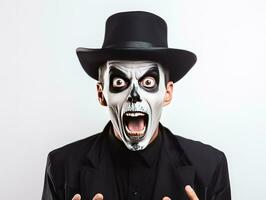 A shocked man in Halloween make-up and costume grabs his face in fright. Man in black hat, suit and skull make-up opens his eyes and mouth wide in fear on white background. Generative AI photo