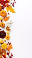 Autumn composition. Rowan berries, dried leaves, pumpkins, and flowers on white background. Autumn, fall, halloween, thanksgiving day concept. View from the top, with text space. Generative AI photo