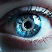 Perfect blue eye macro in a sterile environment and perfect vision in high resolution. The vision of the future and healthy life concept. Generative AI photo