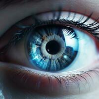 Perfect blue eye macro in a sterile environment and perfect vision in high resolution. The vision of the future and healthy life concept. Generative AI photo