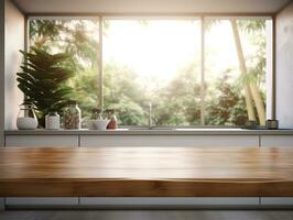 Kitchen counter top for product display with modern minimalist kitchen room interior in the background. Generative AI photo