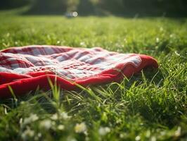 Red and white plaid picnic blanket on top of a green field in sunny day on grass of lawn in summer park. Blurred Background. Generative AI photo