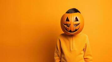 Portrait of a kid with pumpkin head. Funny kid standing isolated on a yellow background, holding a carved orange pumpkin and hiding his face behind it. Halloween concept. Generative AI photo