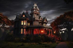 Spooky Victorian house designed for Halloween in the United States. Halloween Background. Generative AI photo