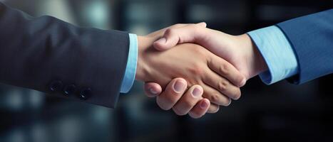 Business shaking hands, finishing up meeting. Successful businessmen handshaking after good deal. Congratulation, merger and acquisition concepts, panoramic banner. Generative AI photo