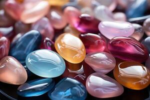 Pastel coloured translucent glass water stones overlapping. Beach summer background. photo