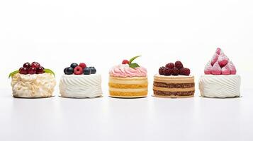 conjunto de delicioso pasteles pequeño dulce pasteles aislado en blanco antecedentes. panadería productos bandera diseño. generativo ai foto