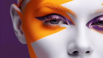 original cara cerca arriba, blanco rostro, ahumado naranja sombra mi púrpura ojos - avanzado maquillaje Arte. generativo ai, foto