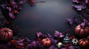 Lovely Halloween Background with Pumpkins, Bats, Spiders and Purple Autumn Leaves and Space for Text. generative AI, photo