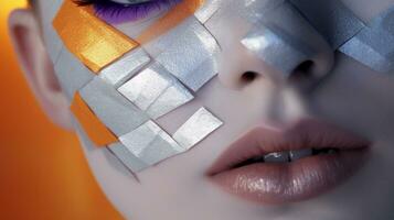 Original Face Close Up, White Face, Smokey Orange Eyeshadow e Purple Eyes - Advanced Makeup Art. generative AI, photo