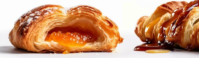 Delicious Breakfast - Croissant with Jam and Realistic Details. Generative AI, Culinary photography capturing the detail and realistic texture of croissants, with jam. photo