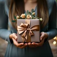 Illustration of a gift box in hand with a Christmas background, AI Generated photo