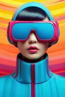 Illustration of a fashion portrait wearing a virtual reality VR headset. AI Generated. photo