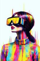 Illustration of a fashion portrait wearing a virtual reality VR headset.,, AI Generated. photo