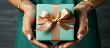 Illustration of a gift box in hand with a Christmas background, AI Generated photo