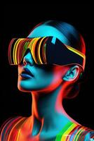 Illustration of a fashion portrait wearing a virtual reality VR headset. AI Generated. photo