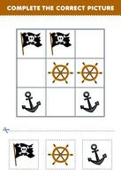 Education game for children complete the correct picture of a cute cartoon flag wheel and anchor printable pirate worksheet vector
