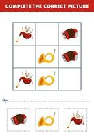 Education game for children complete the correct picture of a cute cartoon accordion horn and bagpipes printable music instrument worksheet vector