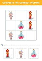 Education game for children complete the correct picture of a cute cartoon candle voodoo doll and magic potion printable halloween worksheet vector