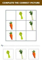 Education game for children complete the correct picture of a cute cartoon asparagus leek and carrot printable vegetable worksheet vector