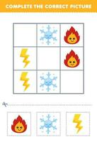 Education game for children complete the correct picture of a cute cartoon fire snowflake and thunder printable nature worksheet vector