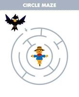 Education game for children circle maze draw line help crow move to the scarecrow printable farm worksheet vector