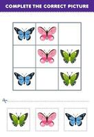 educación juego para niños completar el correcto imagen de un linda dibujos animados mariposa imprimible error hoja de cálculo vector